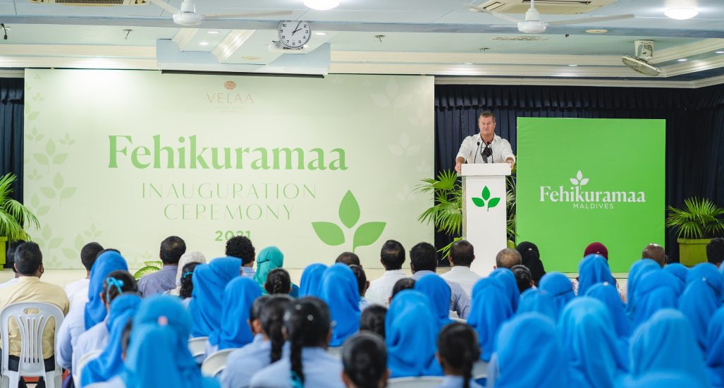 GM of Velaa Private Island talking to children in a local community about Fehikuramaa