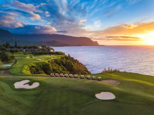 Sunset at Princeville Makai with Golf Cars lined up.