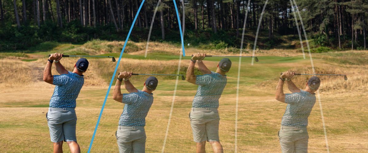 Multiple images of a Shot Scope golfer hitting onto a green