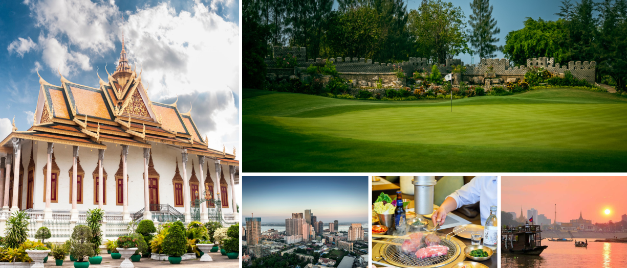 A collage of attractions in Phnom Penh including Vattanac Golf Resort, The Silver Pagoda, The Mekong Sunset River Cruise 