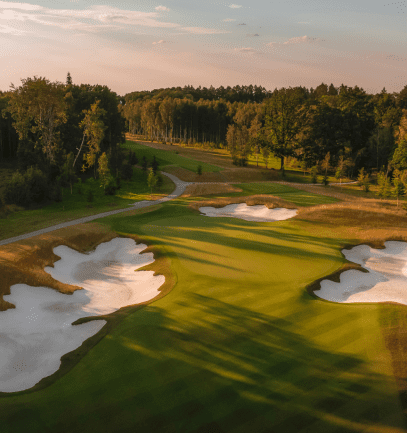 An aerial view of the golf course at PGA National Czech Republic at Oaks Prague shot by Kevin Murray